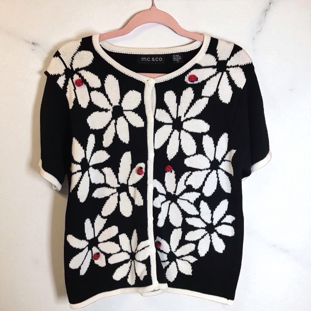 Vtg MC & Co Marisa Christina Ramie Knit Cardigan Women sz M Ladybugs 80s Whimsy‎